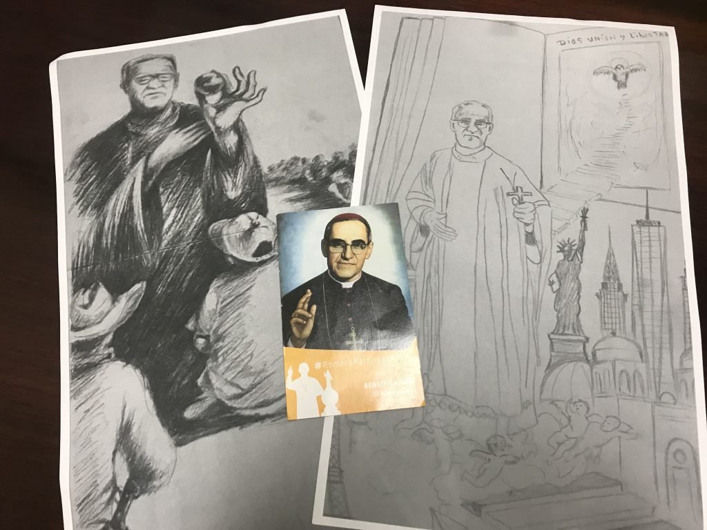 El cónsul general de El Salvador en Manhattan, José Vicente Chinchilla, muestra el boceto del mural en homenaje a la canonización de Monseñor Romero